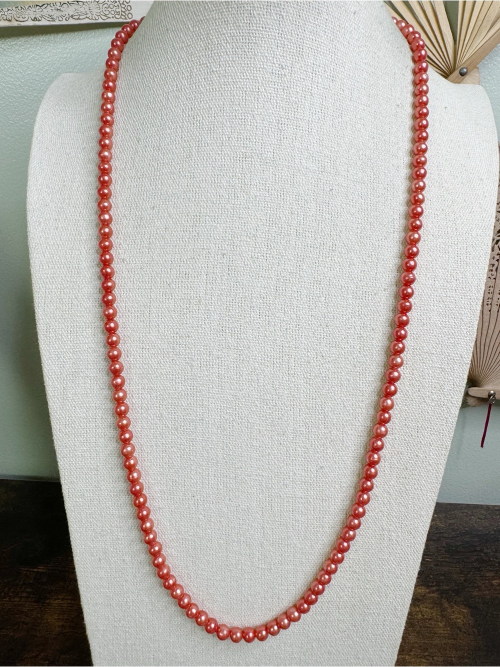 Red Coral Toned Vintage Strand of Glass Pearls